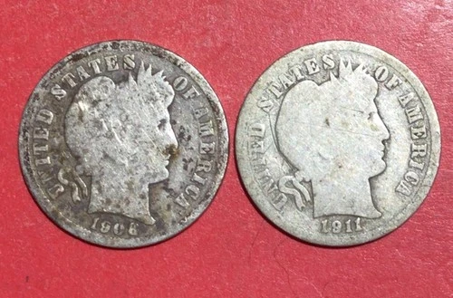 1908D & 1911D US Barber SILVER Dimes! Both "Denver" Mint! Old US Coins!