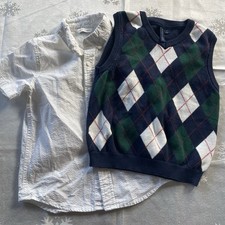 Janie  Jack Boys Size 6 White Button Down Short Sleeve Seersucker Argyle Vest