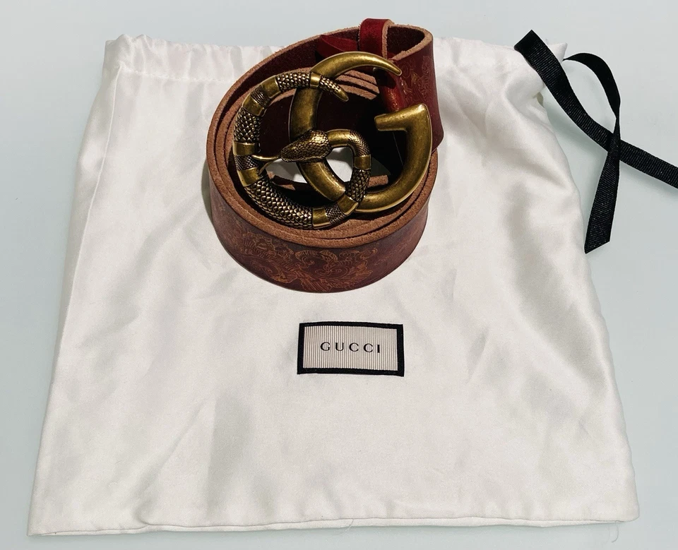 AUTH GUCCI NEW W/OUT TAGS SNAKE/DOUBLE G BUCKEL EMBOSSED BELT BURGUNDY US 34!! - Image 2 of 4