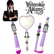 Gothic Inspired Wednesday Addams Rhinestone Makeup Brush Set with Heart Mirror