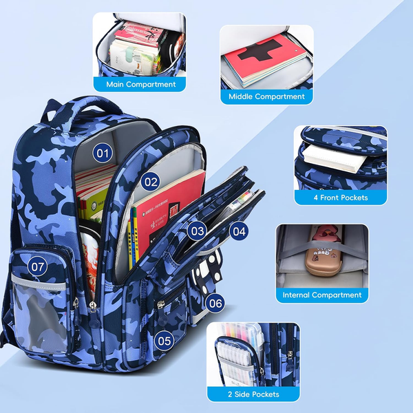 Amythe Schulrucksack Jungen 1-5 Kl. Ergonomisch 25L Wasserabweisend Tarnblau-image