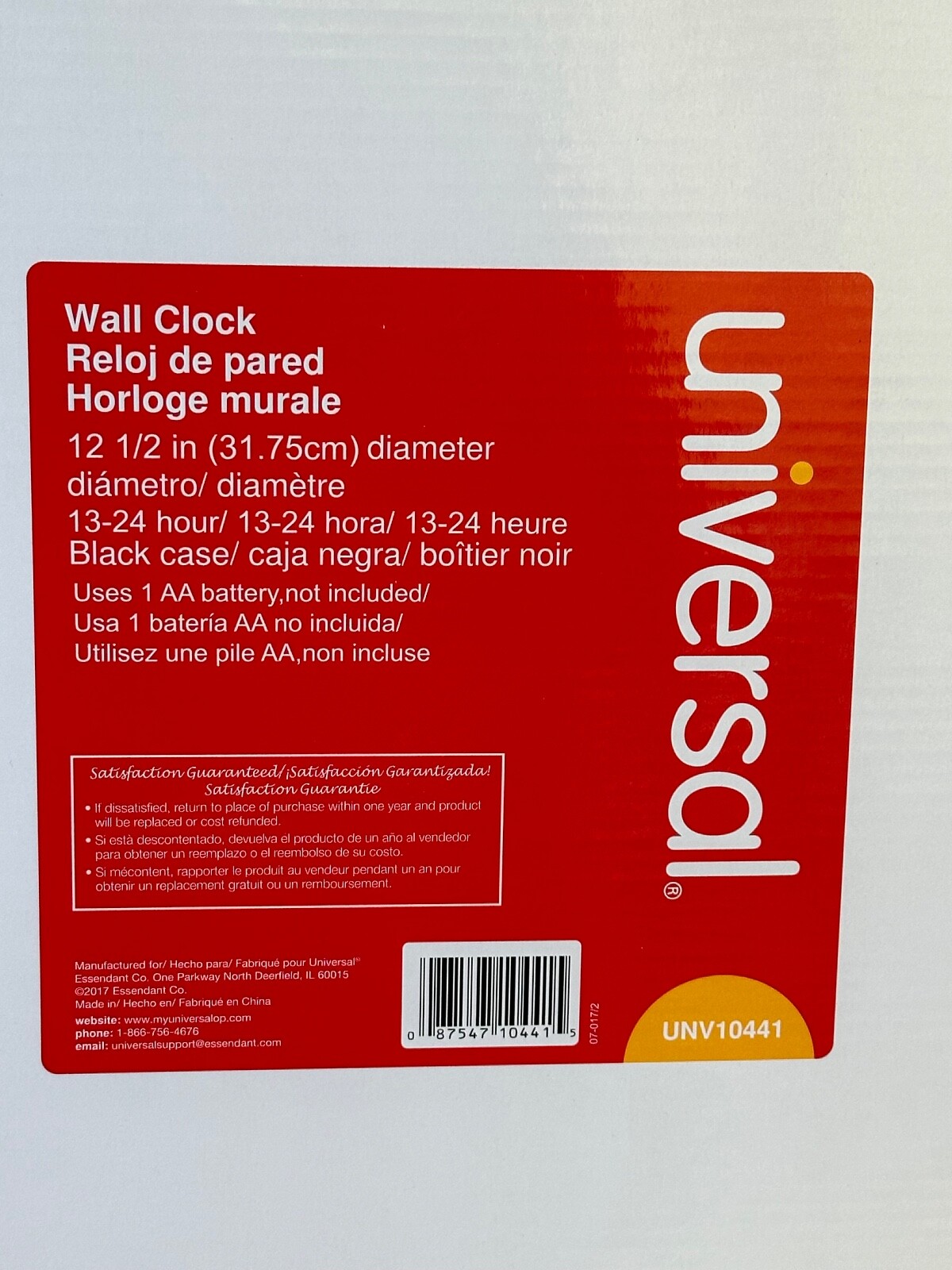 UNIVERSAL 24Hour Round Wall Clock 12 5/8" Black 10441 in Original Box