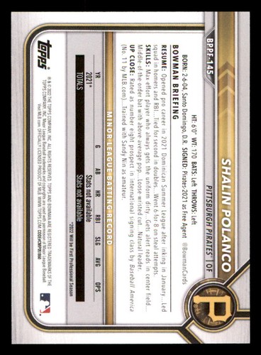 2022 Bowman 1st Edition #BPPF145 Shalin Polanco - Picture 2 of 2