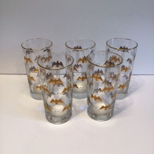  Vintage Highball Glasses with Gold Gilded Eagles and Stars and Stripes S/5 - Picture 1 of 5