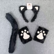 NEW BLACK CAT HEADBAND w GLITTER TAIL GLOVES FAUX FUR COSTUME DRESS UP HALLOWEEN