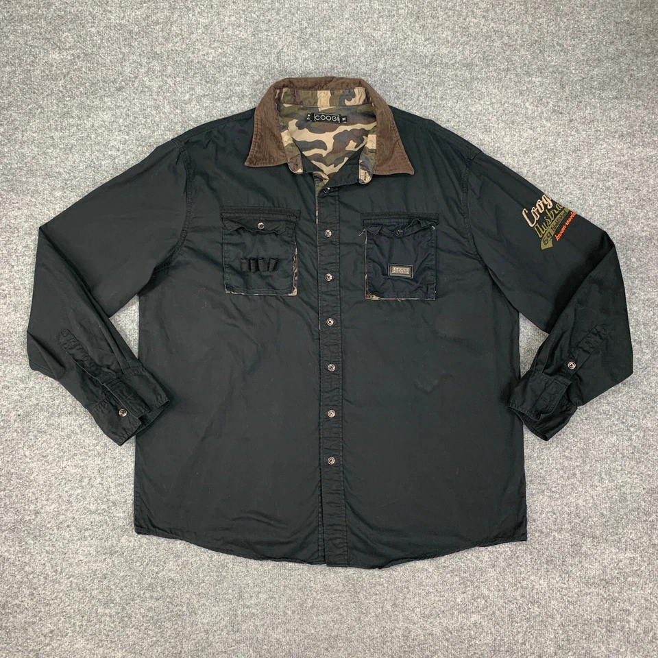 Camisa Coogi Hombres 3X Negra Marrón Táctica Utilidad Bolsillos Militar Cuello Pana Foto 2 de 4
