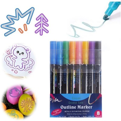 8Pcs Marker Pen for Highlight,Outline Marker Set Double Line Self-outline Marker