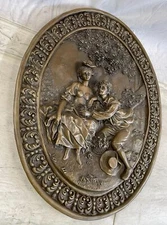 Vintage Bronze Wall Plaque in High Relief Woman and Man Signed Patoue - Cast Bas