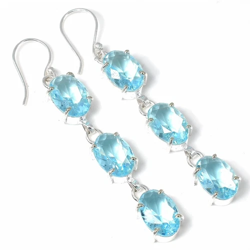 Handmade Gemstone 925 Sterling Silver Jewelry Aquamarine Earring Size 2.20"