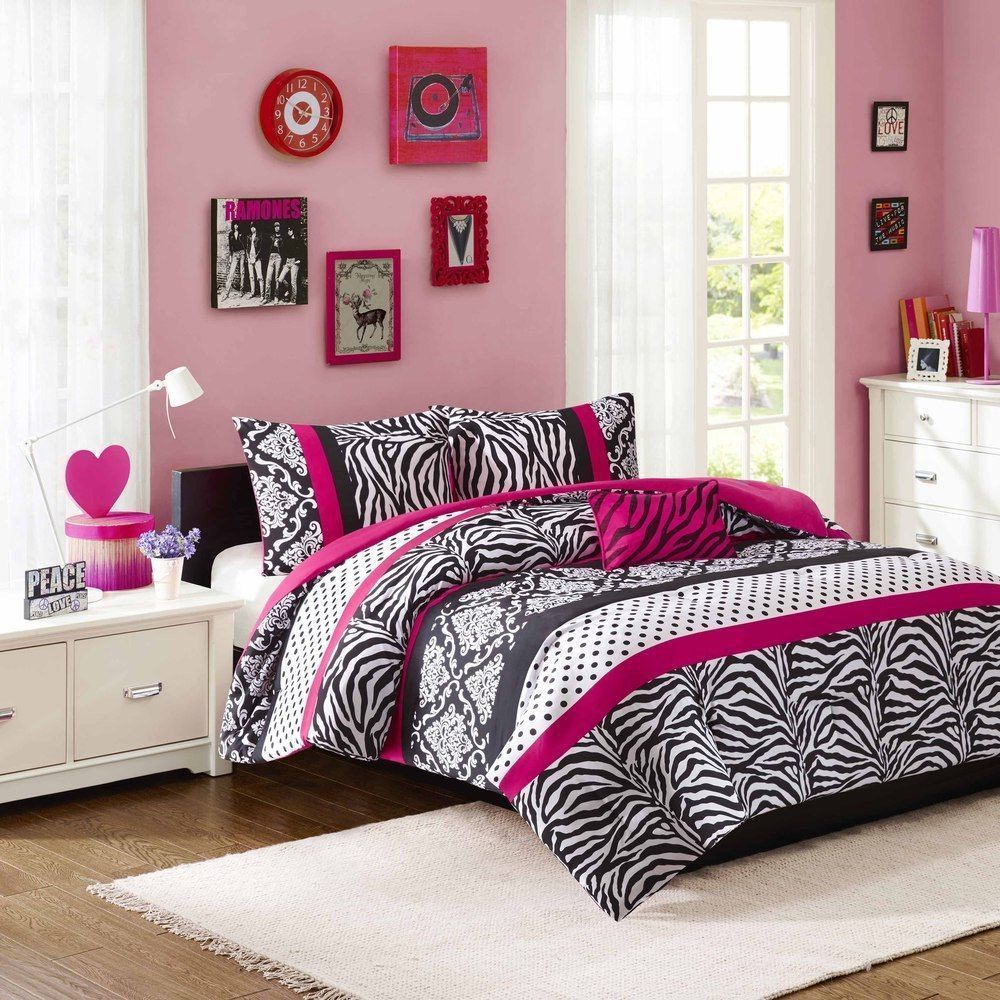 PINK ZEBRA STRIPE 3pc Twin COMFORTER SET : GIRLS CHIC BLACK POLKA