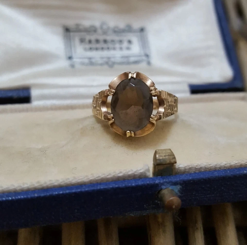 Vintage 9ct Gold Ring, Smoky Quartz Ring , Size K 1/2 US 5.5, Dated 1978, 2.6g — 第 2/4 张图片