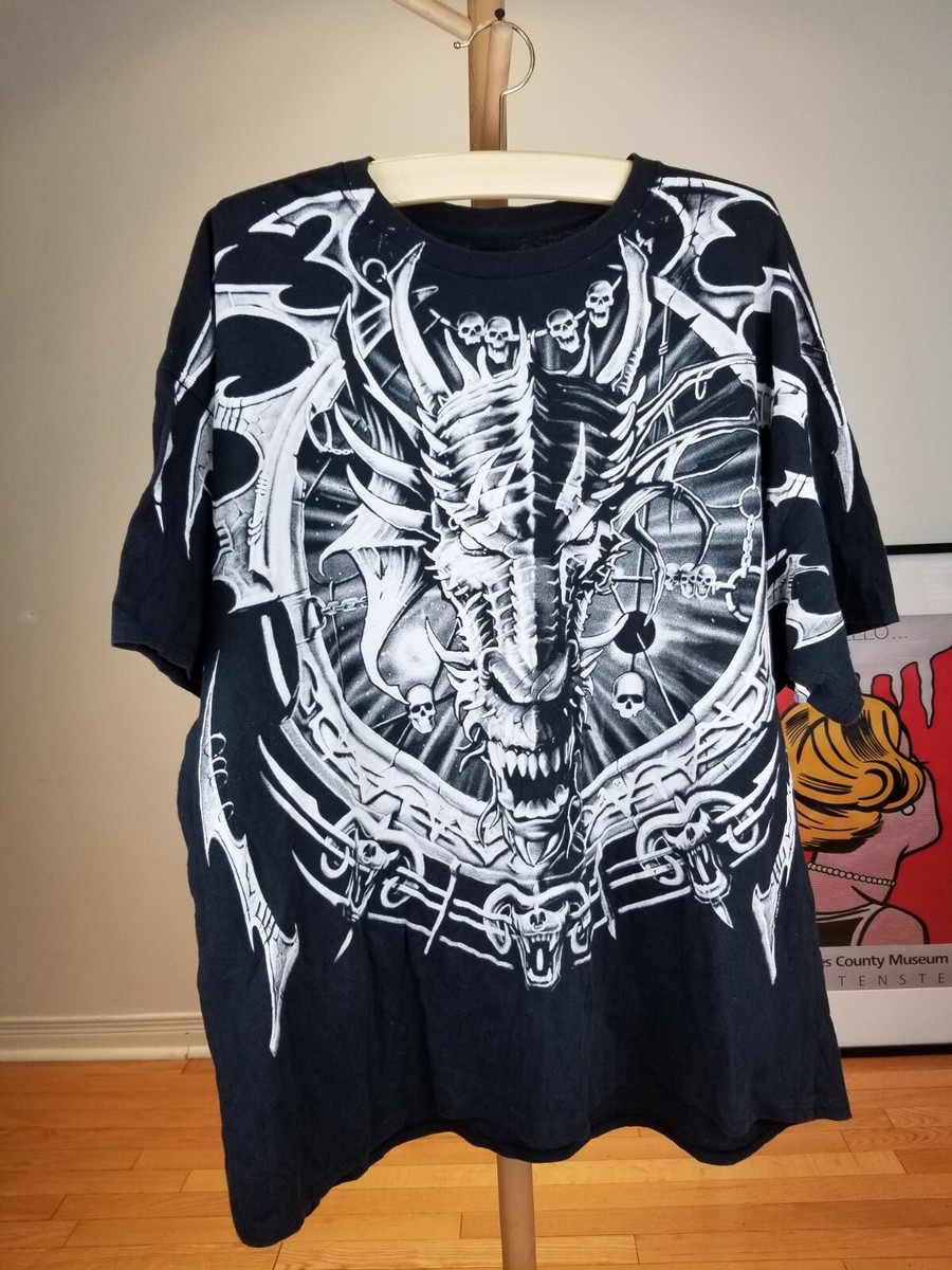VINTAGE Y2K 2008 LIQUID BLUE DRAGON ALL OVER PRINT BLACK T-SHIRT