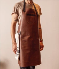 Brown Leather Apron For BBQ Chef Cooking Woodworking With pockets strap