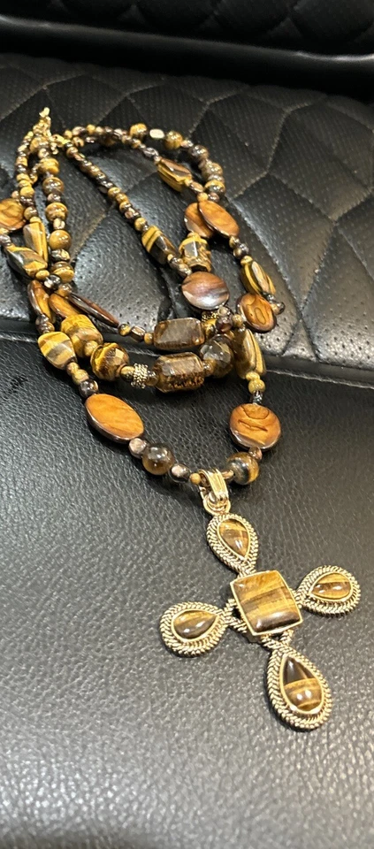 Barse Tigers Eye Gemstone Triple Strand Cross Chunky Statement Necklace - Image 2 of 4