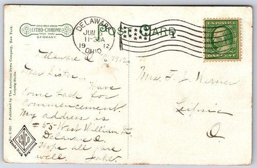 Delaware Ohio~Biblioteca Pública Carnegie~Columnas Corintianas~Pedimento~1912 Postal - Imagen 2 de 2