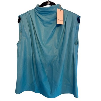 Amanda Uprichard Faux Leather Mock Neck Draped Top Turquoise Blue XS NEW