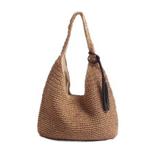 Hand-woven Soft Large Straw Shoulder Bag with Black Tassels Boho Straw Handle...