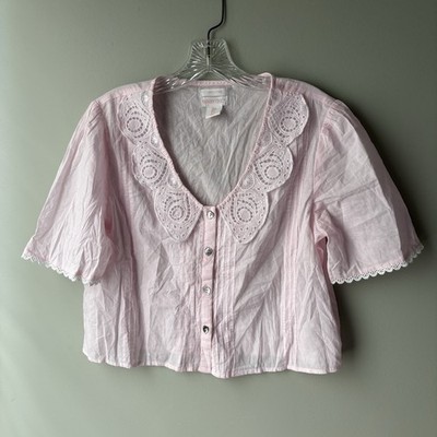 Shabby Chic Womens Blouse Size S Pink Lace Collar Button Front Cottagecore Top