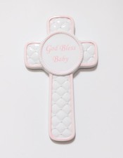 Gund Gifts God Bless Baby 7 3/4" Ceramic Pink White Cross Wall Hanging