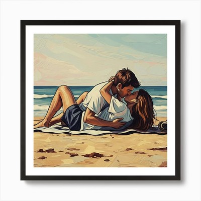Küssendes Paar am Strand Kunst Pri gerahmtes Wandbild Poster Leinwanddruck Bild