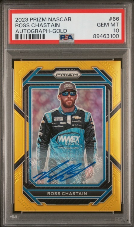 2023 PANINI PRIZM NASCAR #66 ROSS CHASTAIN AUTOGRAPH-GOLD PRIZM /10 PSA 10