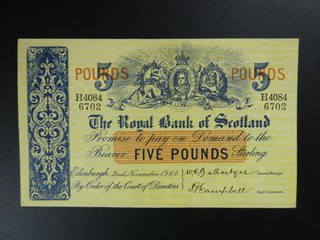 SMALLER SIZE 1964 ROYAL BANK OF SCOTLAND £5 BANKNOTE CRISP VF