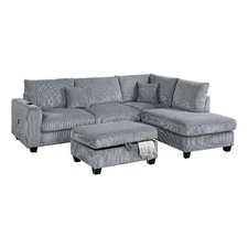 Roe 3pc Sectional Sofa Set w Chaise- Ottoman- 2 Pillows- Fog Gray