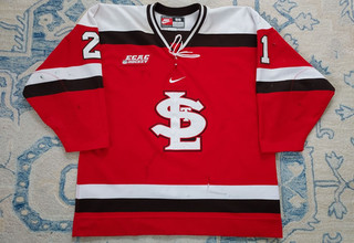 ST LAWRENCE UNIVERSITY SAINTS ECAC GAME WORN RED JERSEY JARED KELLER NIKE SZ 56