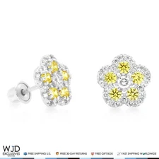 CZ & Citrine Flower Cluster Stud Earrings 14K White Gold 8mm