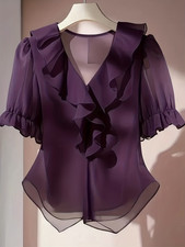 Purple Elegant V-Neck Short-Sleeve Blouse with Ruffled Collar Sheer Women New