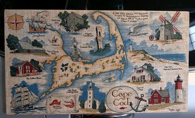 Cape Cod Linen Art Map 1970 Vintage Batchelder New England Massachusetts 28x16''