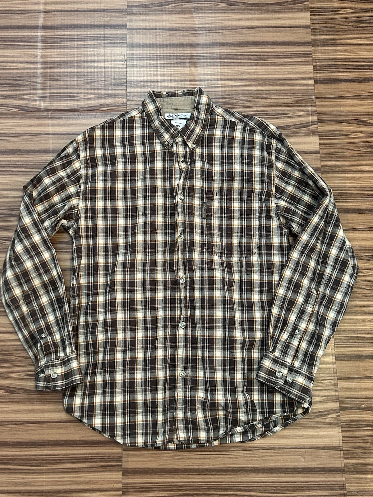 Columbia Button Down Flannel Shirt Plaid Long Sleeve Brown Mens Size Medium