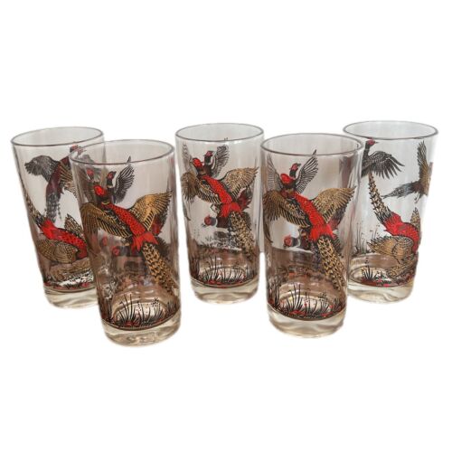 Vintage MCM Red Gold Pheasant Tall Glasses Barware Set Of 5 - Afbeelding 1 van 9