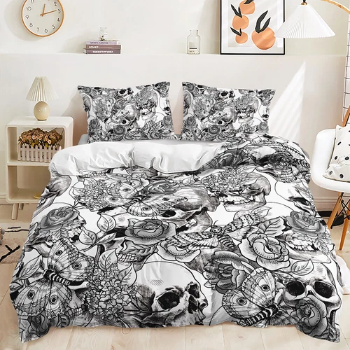Doona Duvet Quilt Cover Bedding Set Floral Rose Coloured Gothic Skull Skeleton - Picture 3 of 19