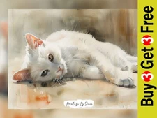 Tranquil Relaxing Cat, Watercolor Painting Print 5"x7" on Matte Paper
