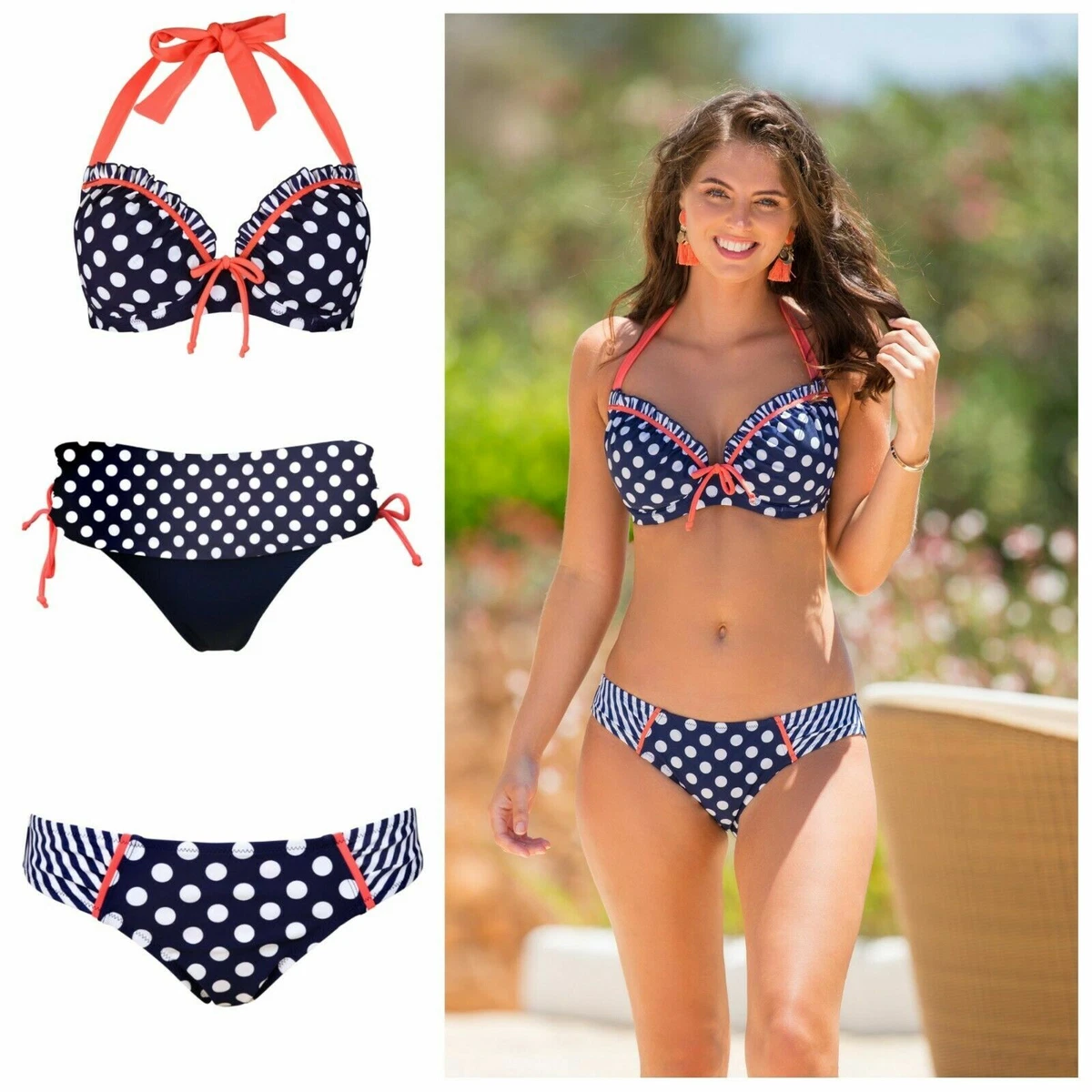 Pour Moi Sea Breeze Navy/Coral Padded Halter Neck Bikini Top, Fold or Tab  Brief