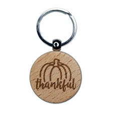 Thankful Pumpkin Thanksgiving Autumn Engraved Wood Round Keychain Tag Charm