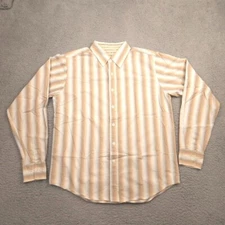 BKE 67 Shirt Men L Beige Tan Vertical Stripe Long Sleeve Button Up Casual Cotton