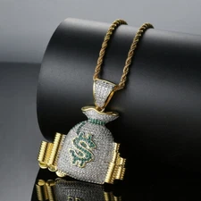 Gold Money Bag Hip Hop Pendant Necklace Jewelry, Cubic Zirconia, Great Gift