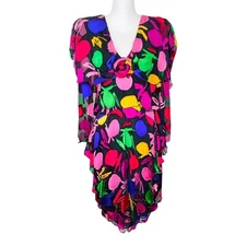 Vintage Holly Harp Bright Funky Tiered Silk + Chiffon Midi Dress Petite Small S