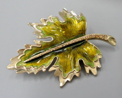 Vintage Maple Leaf Brooch Guilloche Enamel Rhinestone Stem Fall Foliage 2.75''