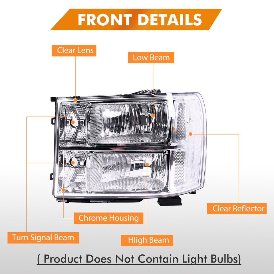 Pair Headlights For 20072013 GMC Sierra 1500 2500HD 3500HD Crystal