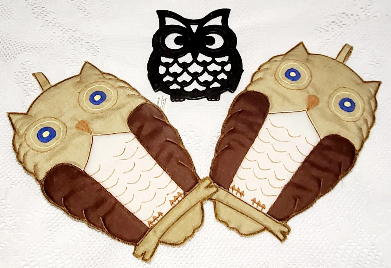 MCM Black Cast Iron Owl Trivet & 2 Owl Pot Holders St. Mary's Philippines Vtg image 1