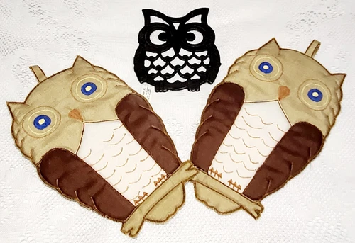 MCM Black Cast Iron Owl Trivet & 2 Owl Pot Holders St. Mary's Philippines Vtg - product listing photo