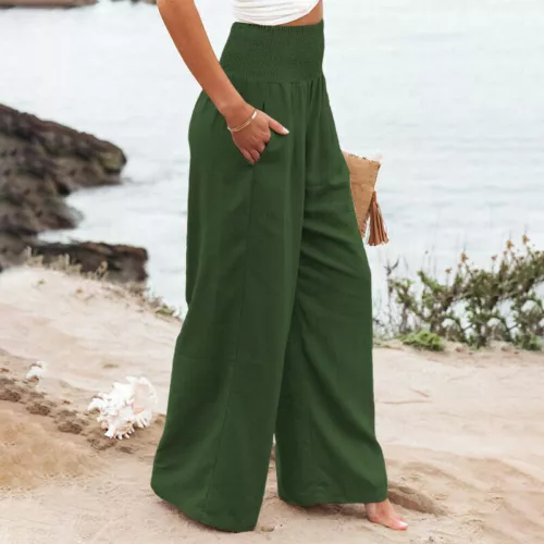 Women's High Waist Cotton Linen Trousers Ladies Casual Baggy Wide Leg Yoga - Picture 51 of 56