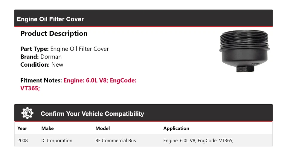 Cubierta de filtro de aceite del motor Dorman para autobús comercial IC Corporation BE 2008 Foto 2 de 4