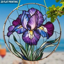 Bohemian Purple Iris Flower  Blue Hues Stained Glass Sun Catcher Round Acrylic
