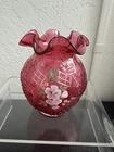 FENTON ART GLASS  Cranberry 6.5" Embossed Rose Vase Hand Painted Ruffled