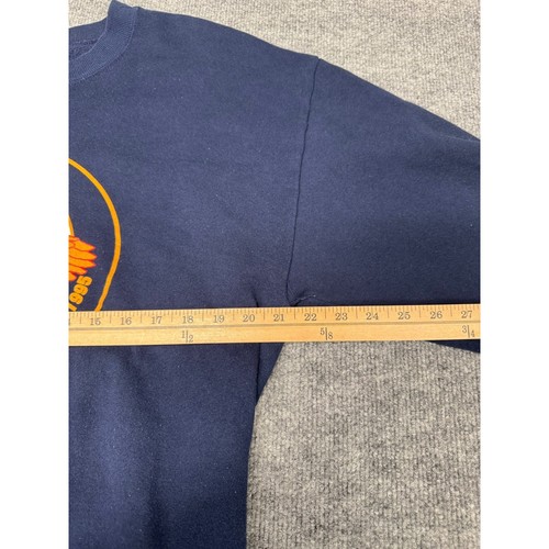 Navy blue VTG Jerzees sweatshirt with yellow-orange eagle logo on chest, measured at 26.5 inches.