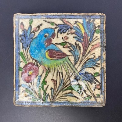 Antique Persian Hand Painted Bird Tile Islamic Floral Pottery Architectural Tile